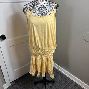 Volcom yellow drop waist mini dress with ruffles and flowers.  Size large